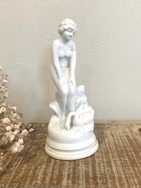 Vintage White Ceramic Sculpture Woman and Swans Made in Japan